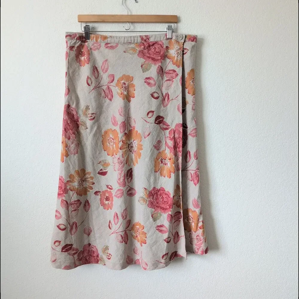 Vintage Eddie Bauer Linen‎ Wrap Skirt Womens 16 - Floral 90s Beige Pink Cottage